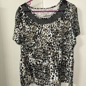 Leopard Print Women's Top with Beaded Neckline